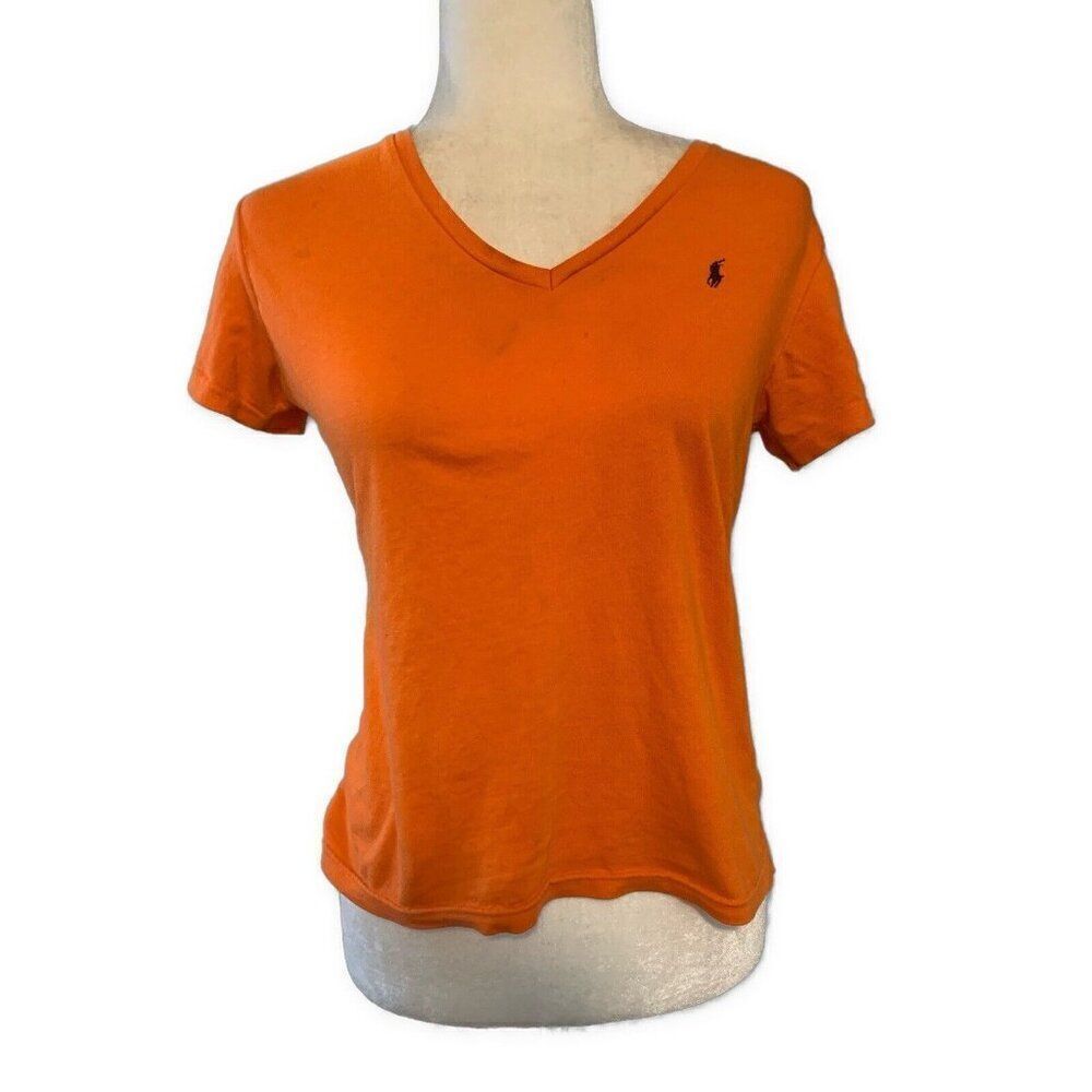 Ralph Lauren Womens Solid Orange V Neck Short Sleeve T Shirt Top Small